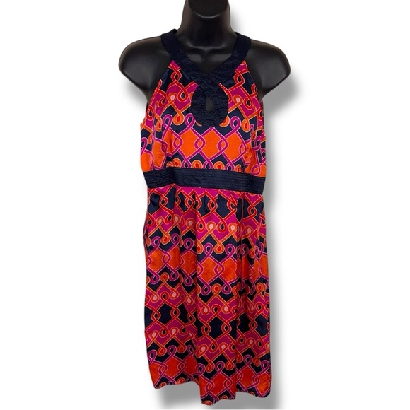 Size PETITE 8 Ann Taylor Loft Fuchsia Navy Blue Orange Dress Boho Geometric - Picture 1 of 12